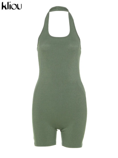 Kliou Striped Sporty Workout Halter Rompers Women Casual Active Wear Backless Sleeveless Playsuit Athleisure Biker Playsuits