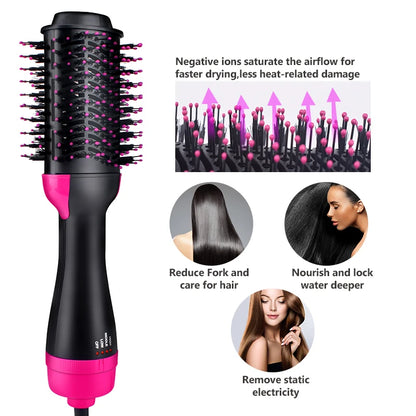 One Step Hair Dryer and Volumizer Round Hot Air Brush 3 in 1 Anti-Scald Negative Ion Hair Straightener Brush Comb Curler Styler