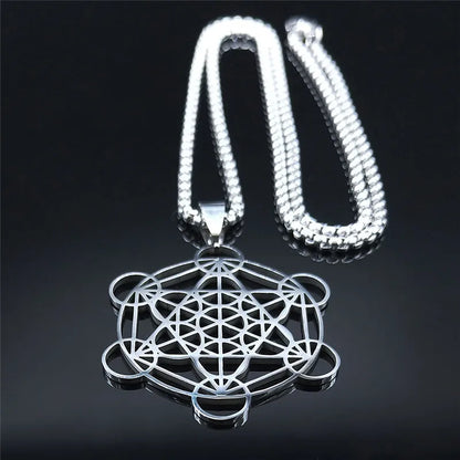 Flower of Life Chakra Spiritual Necklace for Women Stainless Steel Sacred Geometry Metatron Cube Salomon Men collar Jewelry