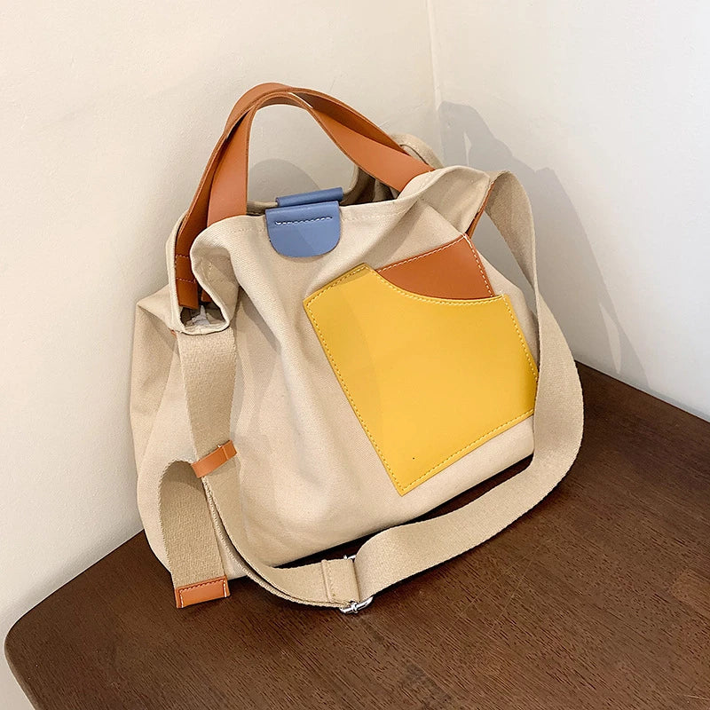Large Capacity Canvas Tote Bags for Women 2021 New Contrast Color Bucket Travel Bag Simple Fashion Girl's Shopper Shoulder Totes