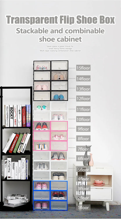 6pcs Transparent Shoe Box Thickened Dustproof Desktop Cosmetic Storage Box Stackable Combination Shoe Cabinet Shoe Organizers
