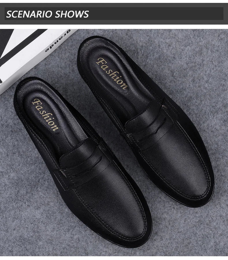 Quality Men Slippers Leather Men Mules Half Shoe Loafers Moccasins Outdoor Non-slip Black Beach Sandals Slides Zapato Hombre