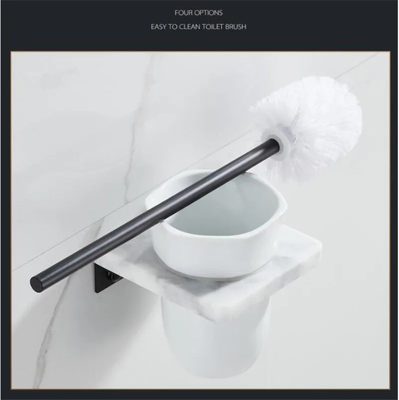 Bathroom Accessories Set Black Bathroom Shelf,Towel Rack,Towel Hanger Paper holder,Toilet Brush Holder Marble & Brass