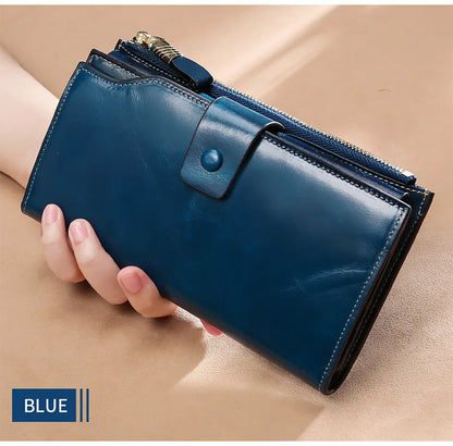 RFID Blocking 100% Genuine Leather Women Wallet Long Lady Purse Brand Design Luxury Bag Oil Wax Card Holder Female Coin Clips