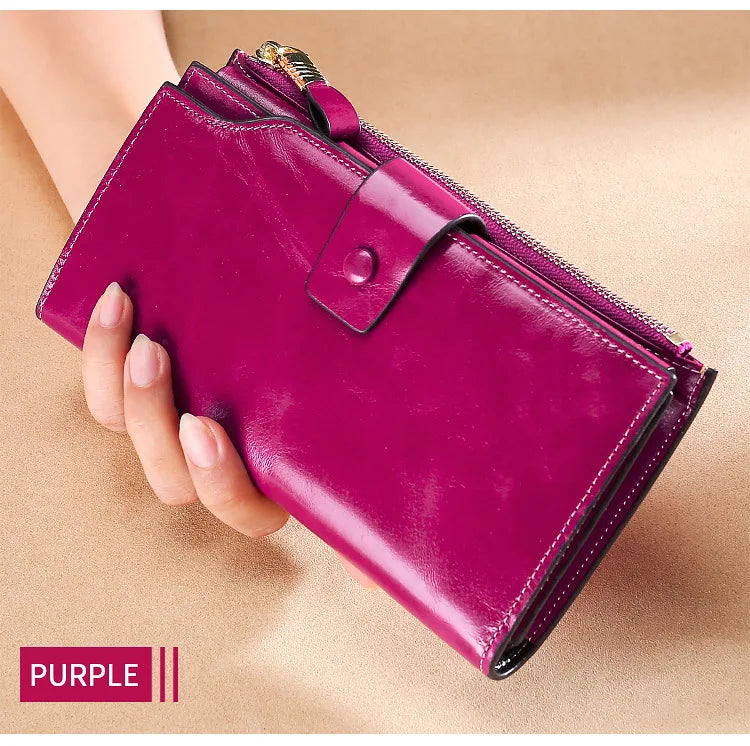 RFID Blocking 100% Genuine Leather Women Wallet Long Lady Purse Brand Design Luxury Bag Oil Wax Card Holder Female Coin Clips