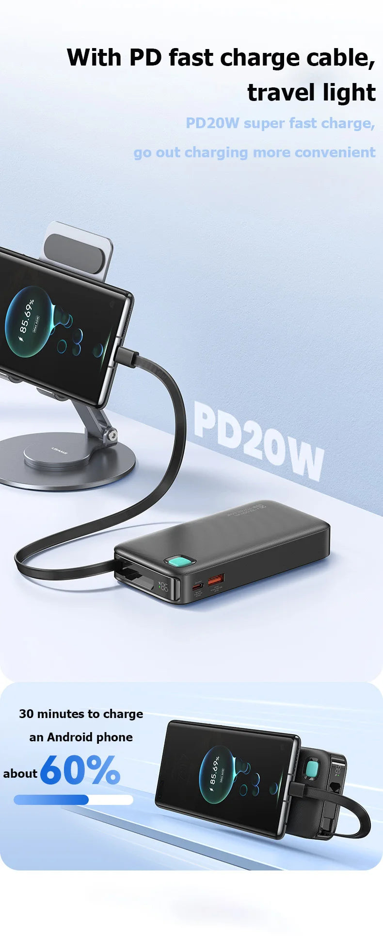 Hot Sale Bank Power With Cable Portable Power Bank PD 20W Fast Charger With Type C Cable Three Charger Port Bank Power