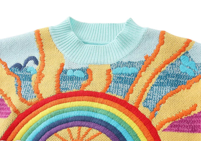 Oversized Sweater Women 2025 Fashion Rainbow Striped Embroidered Letters Knitted Pullovers Loose Casual Streetwear Tops C-119