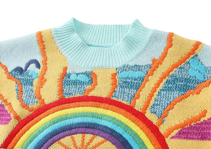 Oversized Sweater Women 2025 Fashion Rainbow Striped Embroidered Letters Knitted Pullovers Loose Casual Streetwear Tops C-119