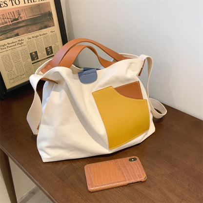 Large Capacity Canvas Tote Bags for Women 2021 New Contrast Color Bucket Travel Bag Simple Fashion Girl's Shopper Shoulder Totes