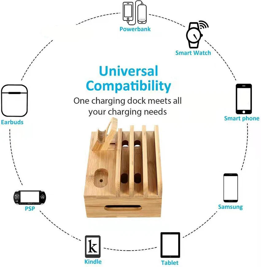 Bamboo Charging Organizer Cord for Phones Desk Wood Docking Stations Electronic Organizer for Cell Phone Tablet