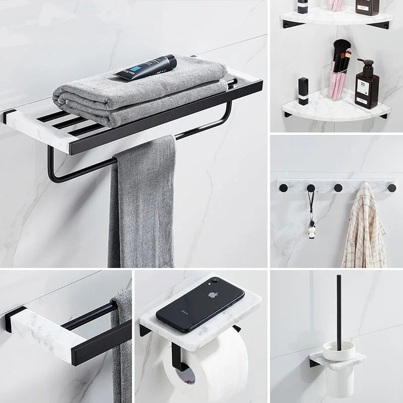 Bathroom Accessories Set Black Bathroom Shelf,Towel Rack,Towel Hanger Paper holder,Toilet Brush Holder Marble & Brass