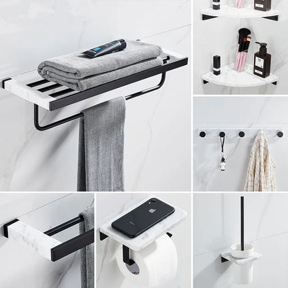 Bathroom Accessories Set Black Bathroom Shelf,Towel Rack,Towel Hanger Paper holder,Toilet Brush Holder Marble & Brass