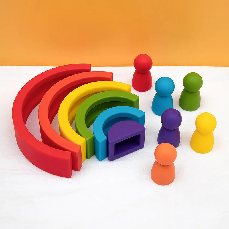 Silicone Geometric Rainbow Building Block BPA Free Babys Silicone Teether Educational Montessori Toys Stacking Block Baby Gifts
