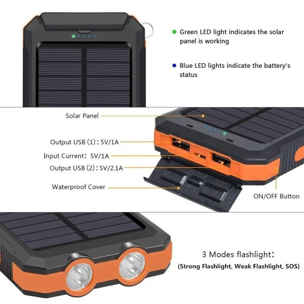 20000mAh Solar Power Bank Outdoor Portable Charger Powerbank Waterproof External Battery Dual USB Charging with LED Light