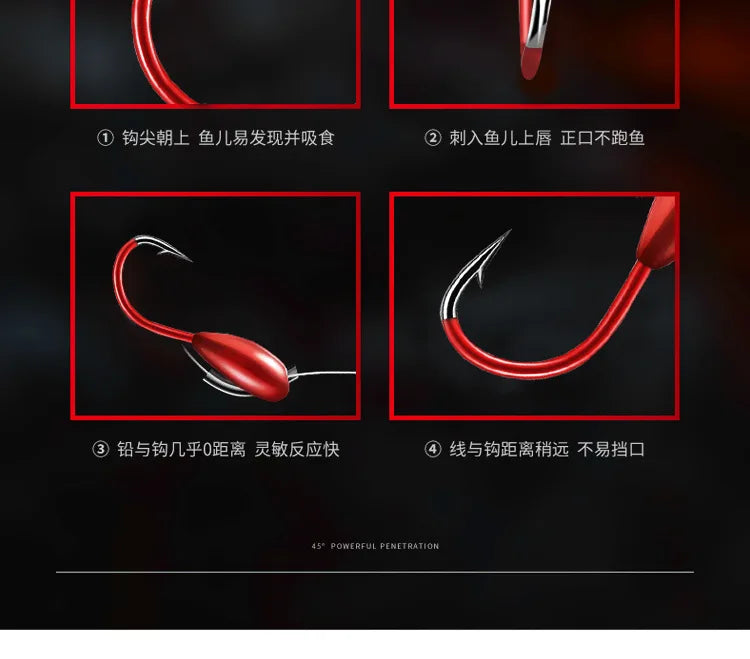 Fishing Overturned Hook 45 Degree Inclined Hole Through Traditional Barbed Hooks Red Worm Jig Head Lot 10 Pieces Sale