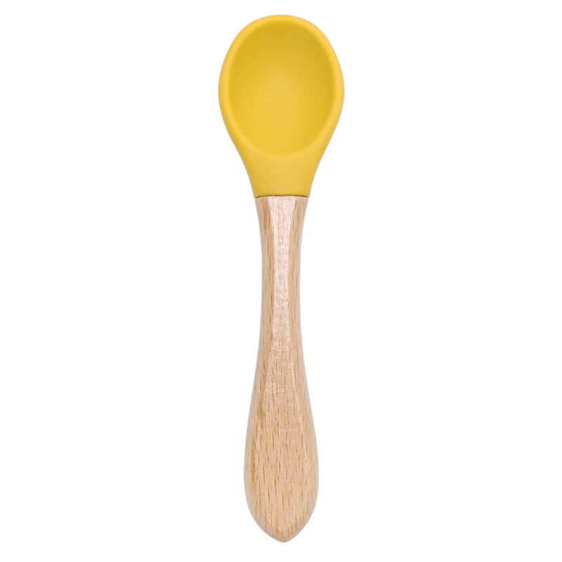 Feeding Wooden Handle Silicone Spoon For Baby Utensils Eat Soild Food Kids Training Manipulative Ability Children's Tableware