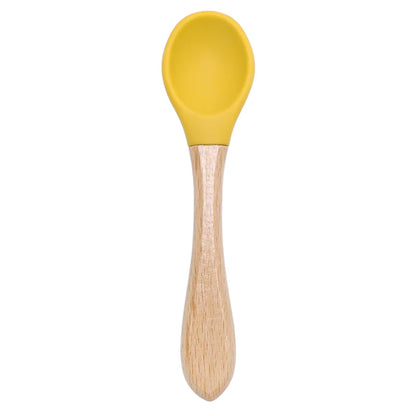 Feeding Wooden Handle Silicone Spoon For Baby Utensils Eat Soild Food Kids Training Manipulative Ability Children's Tableware
