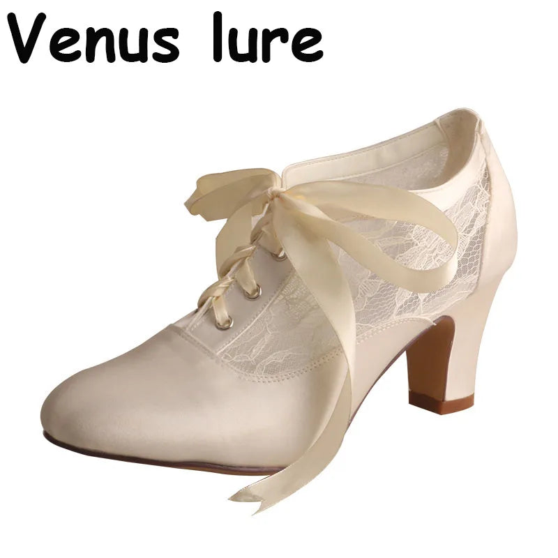 Customized Block Heels for Ladies Wedding Shoes Womens Ivory White Bridal Boot 7.5CM