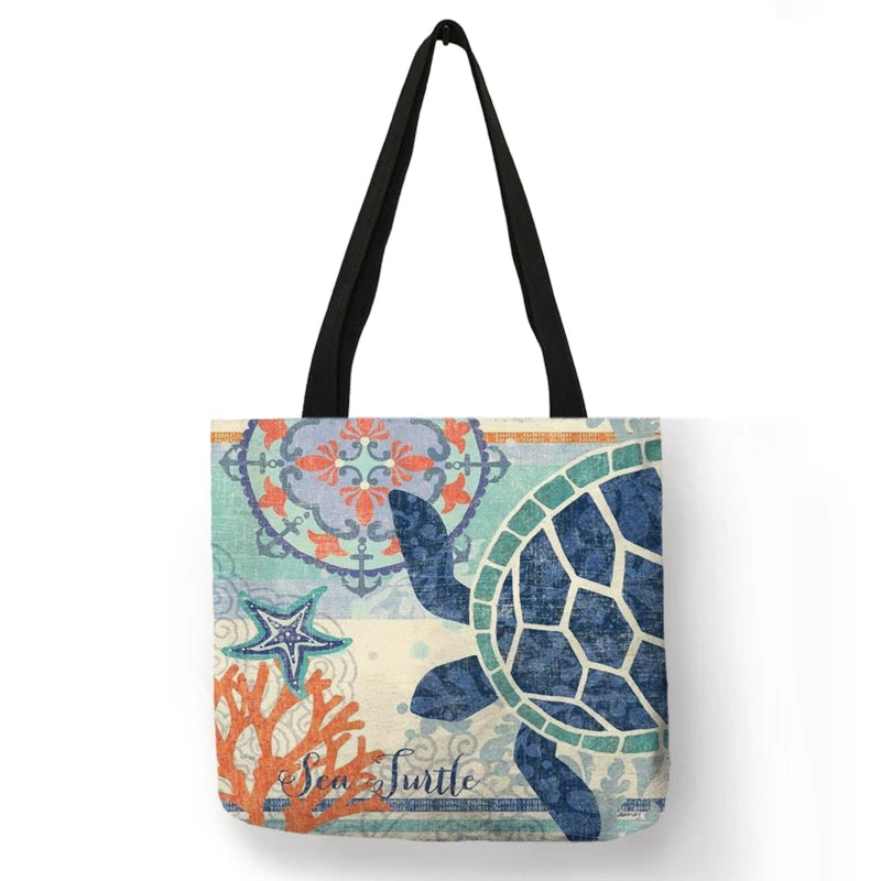 Casual Leisure Totes Bag Women Handbag Marine Animal Sea Turtle Horse Octopus Print Travel Shopping Shoulder Bags for Groceries