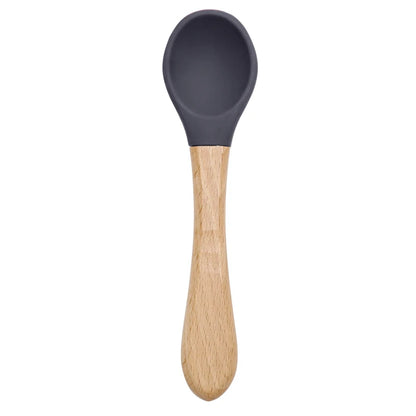 Feeding Wooden Handle Silicone Spoon For Baby Utensils Eat Soild Food Kids Training Manipulative Ability Children's Tableware