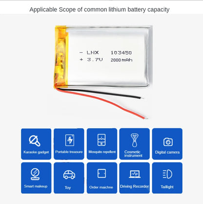 3.7V 103450 2000mah Polymer Lithium Rechargeable Battery  for MP5,Toys,Cameras, GPS, Bluetooth, Speakers High Capacity