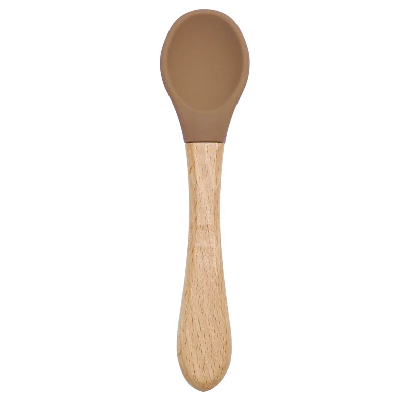 Feeding Wooden Handle Silicone Spoon For Baby Utensils Eat Soild Food Kids Training Manipulative Ability Children's Tableware