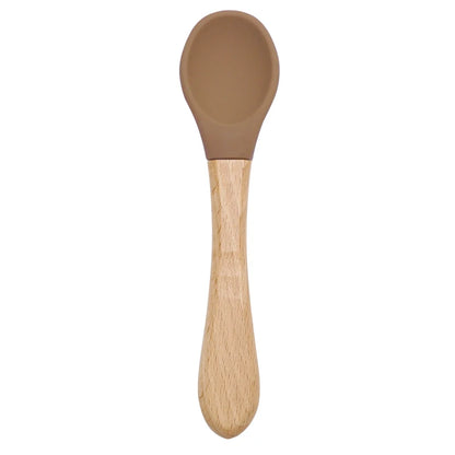 Feeding Wooden Handle Silicone Spoon For Baby Utensils Eat Soild Food Kids Training Manipulative Ability Children's Tableware