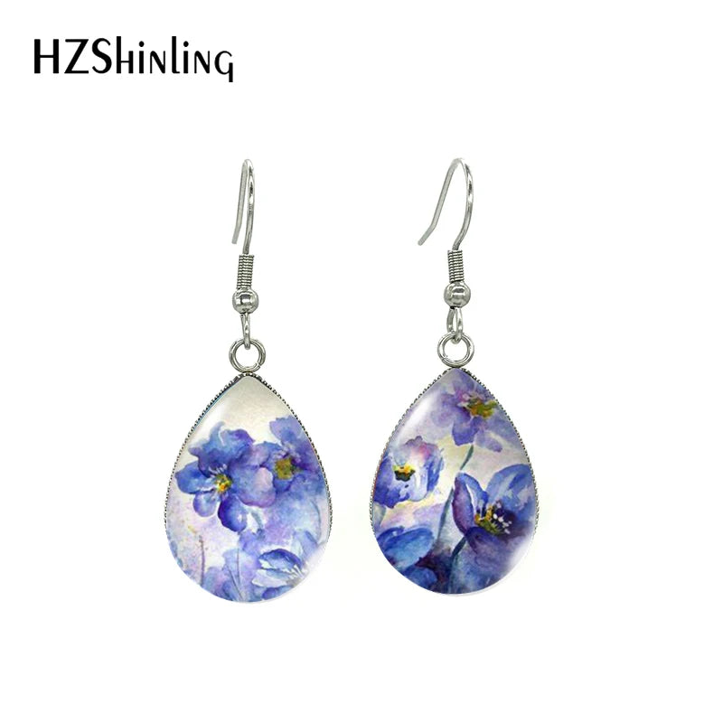 2021 Blue Floral Paintings Glass Cabochon Tear Drop Dangle Hook Earrings Handmade Crafts Jewelry