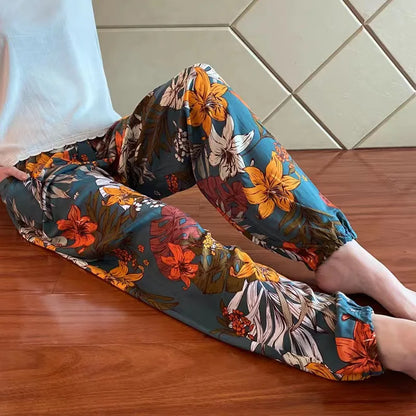 Women's Casual Print Palazzo Pants, Loose Sleep Pyjama Pants, Wide Leg, Thin Shorts, Cropped Pants, Summer Outdoor, ouc1143