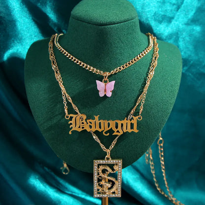 New Multi Layer Butterfly Dragon Charms Crystal Necklaces For Women Punk Golden Angel Letter Clavicle Chain Hiphop Gifts Jewelry