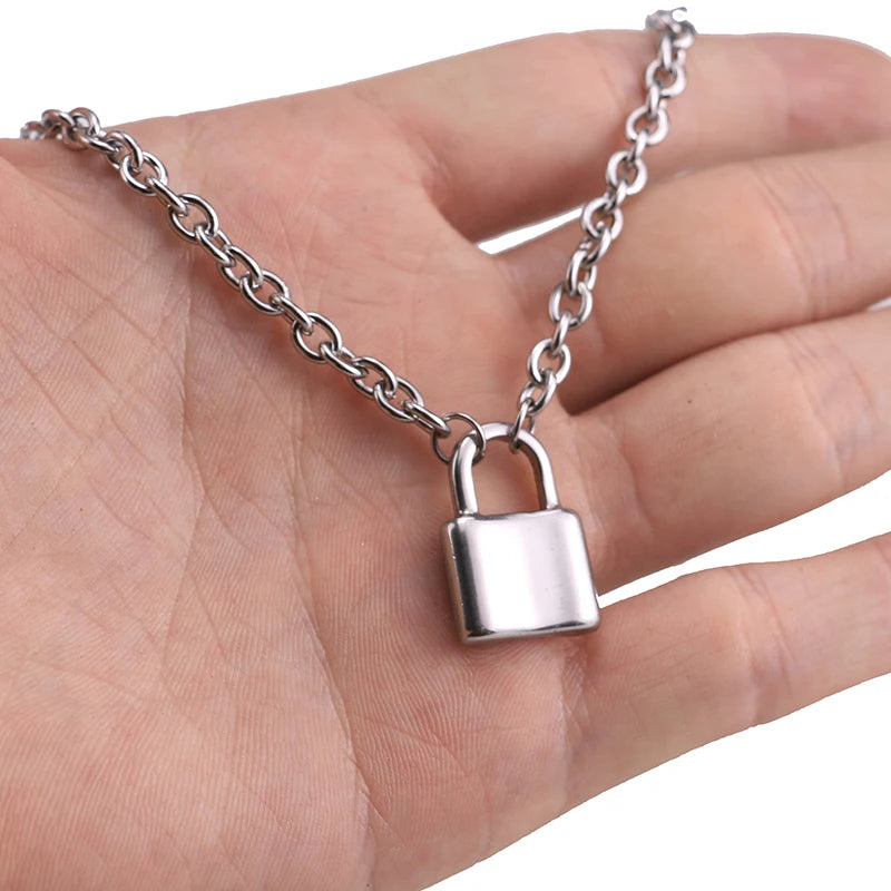 Stainless Steel Silver Color Pad Lock Pendant Long Necklace Brand New Rolo Cable Chain Necklace Women Collar  Jewelry  Choker