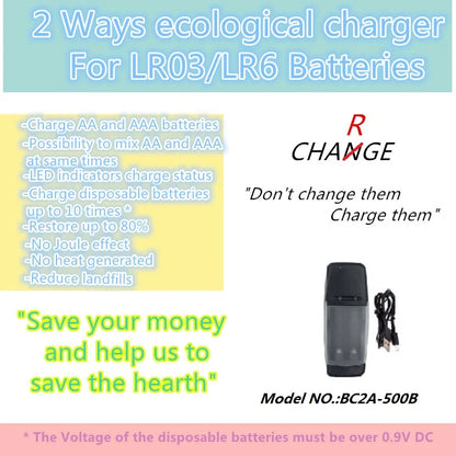 4 way Ecological Charger  with USB input port for  LR03 LR6 disposable Batteries and AA AAA Rechargeable alkaline Batteries