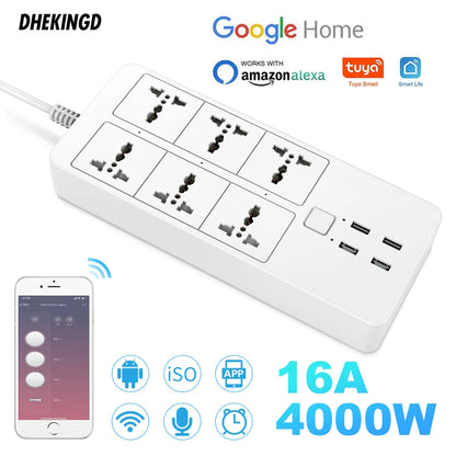 Smart Power Strip WIFI  Universal with 5V3.1A Alexa Googlehome Bluetooth Control Multi Plug 6AC 4USB Voice Contro UK/EU/US/AU