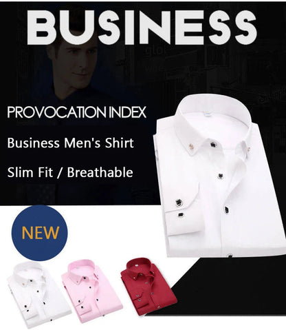 High Quality Men's Long Sleeve Shirt Dress Casual Solid Color Routine Fit Design Business Male Social Shirts White Blue Black