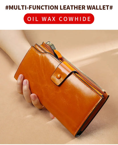 RFID Blocking 100% Genuine Leather Women Wallet Long Lady Purse Brand Design Luxury Bag Oil Wax Card Holder Female Coin Clips