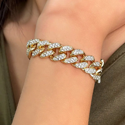 Iced Out Rhinestone Cuban Link Chain Bracelet for Women Luxury Bling Crystal Cuban Chunky Bracelets Men Punk Hip Hop Jewelry