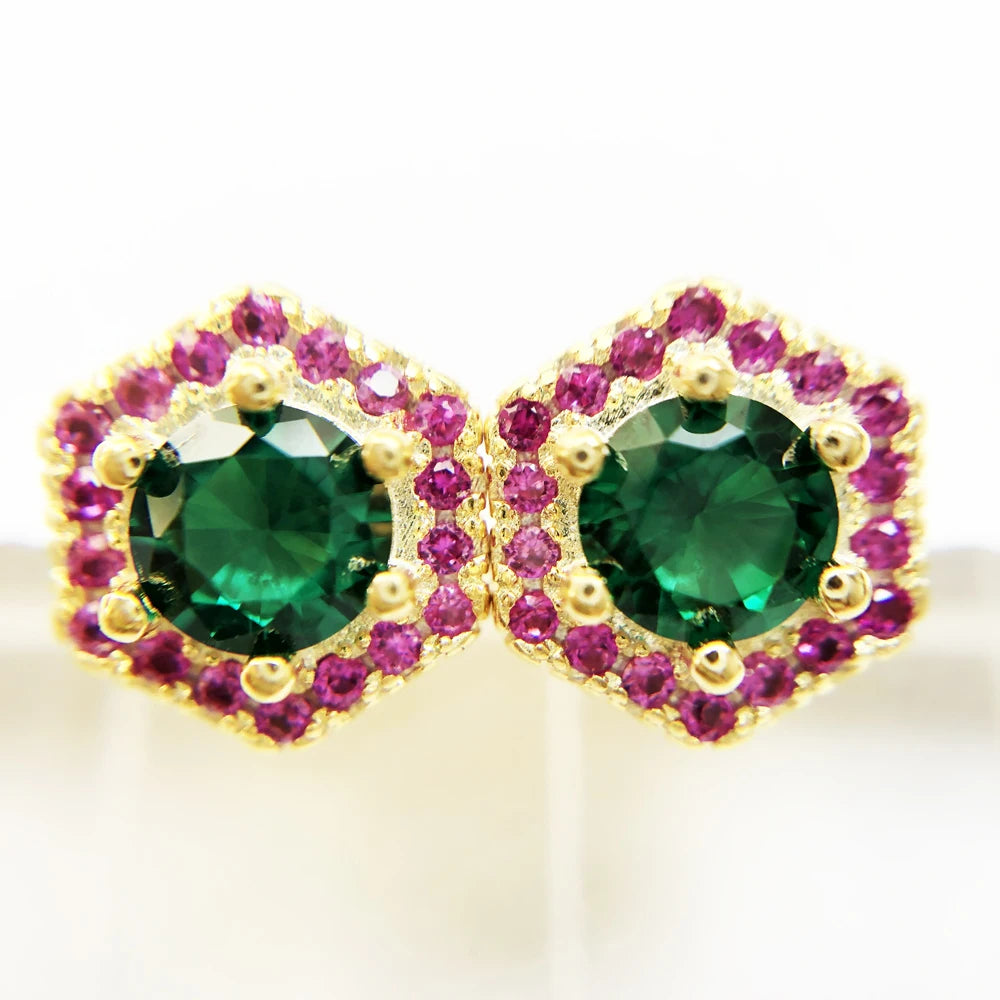 Studs Earrings Hexagon Green,Europe Yellow Gold Color Hand-set Jewelry For Women Playful Look Gift 925 Sterling Silver