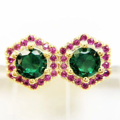 Studs Earrings Hexagon Green,Europe Yellow Gold Color Hand-set Jewelry For Women Playful Look Gift 925 Sterling Silver