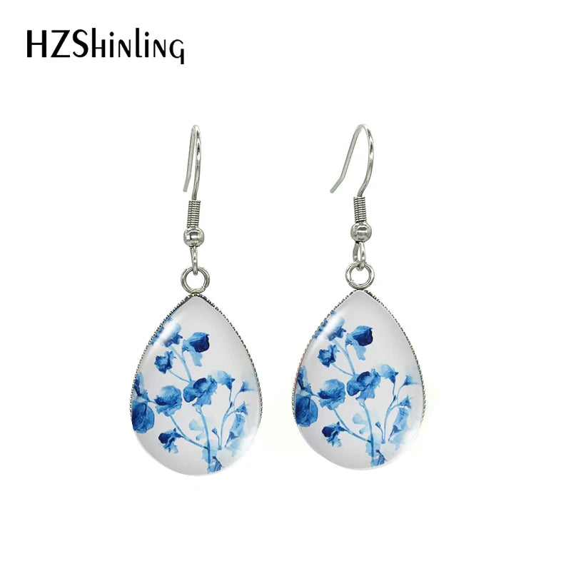 2021 Blue Floral Paintings Glass Cabochon Tear Drop Dangle Hook Earrings Handmade Crafts Jewelry
