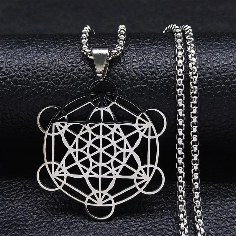 Flower of Life Chakra Spiritual Necklace for Women Stainless Steel Sacred Geometry Metatron Cube Salomon Men collar Jewelry