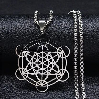 Flower of Life Chakra Spiritual Necklace for Women Stainless Steel Sacred Geometry Metatron Cube Salomon Men collar Jewelry