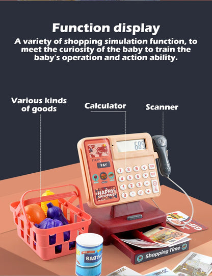 Children's Simulation Supermarket Cash Register Electric Multifunctional Puzzle Toy Cash Register with Scanner Toys for Kids