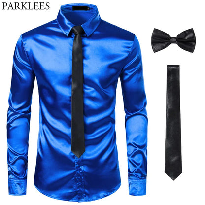 Black Mens Silk Dress Shirts 3Pcs(Shirt +Tie+Bowtie) Smooth Satin Shirt Men Slim Fit Party Prom Casual Shirts Men Social Camisa