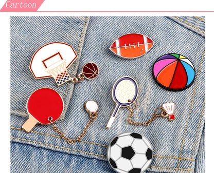 Sports Ball Series Brooch Soccer Basketball Ping Pong Enamel Pin with Chain Cartoon Fashion Accessories Denim Badge Jewelry Gift