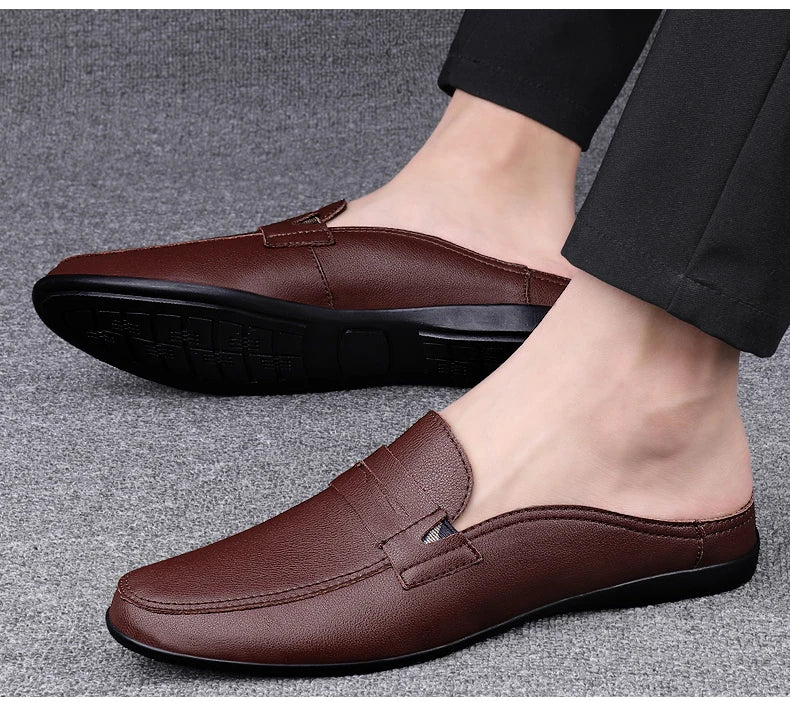Quality Men Slippers Leather Men Mules Half Shoe Loafers Moccasins Outdoor Non-slip Black Beach Sandals Slides Zapato Hombre