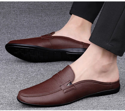 Quality Men Slippers Leather Men Mules Half Shoe Loafers Moccasins Outdoor Non-slip Black Beach Sandals Slides Zapato Hombre