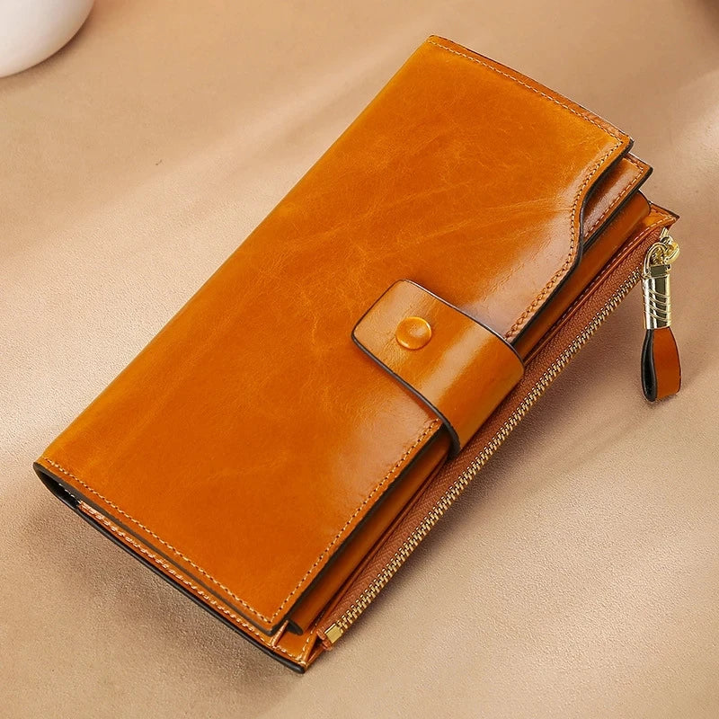 RFID Blocking 100% Genuine Leather Women Wallet Long Lady Purse Brand Design Luxury Bag Oil Wax Card Holder Female Coin Clips