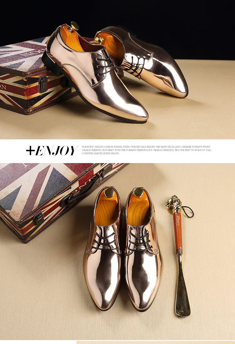 Patent Leather Men Wedding Shoes Gold Blue Red White Oxfords Shoes Designer Pointed Toe Dress Shoes Big Size 37-48