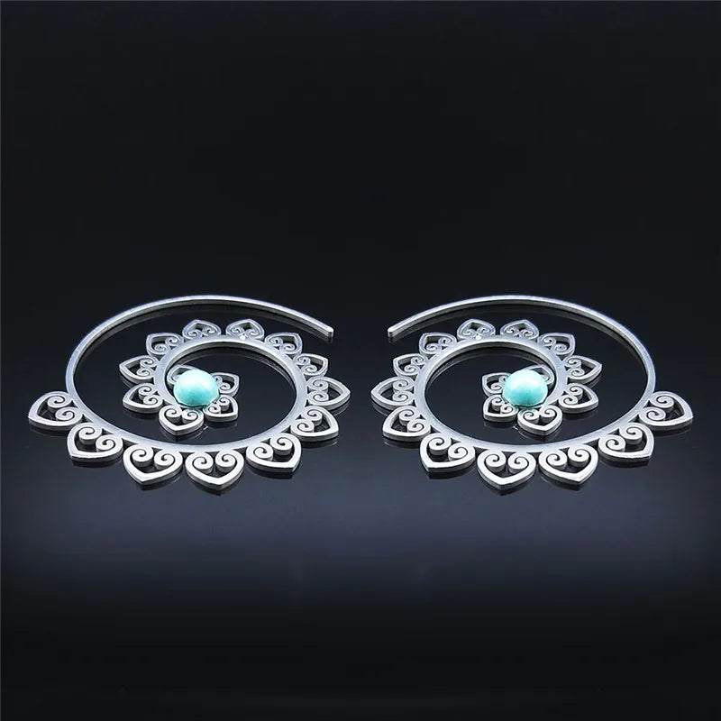 Vintage Ethnic Indian Carved Mandala Flower Dangle Earrings Stainless Steel Stone Boho Hollow Earring Jewelry pendientes flor