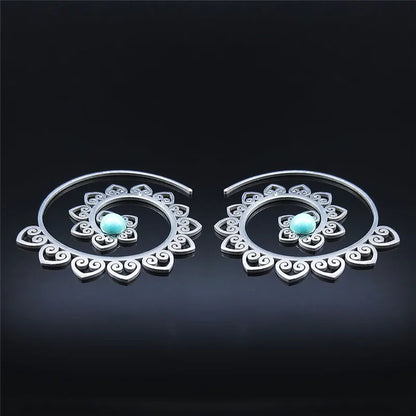 Vintage Ethnic Indian Carved Mandala Flower Dangle Earrings Stainless Steel Stone Boho Hollow Earring Jewelry pendientes flor